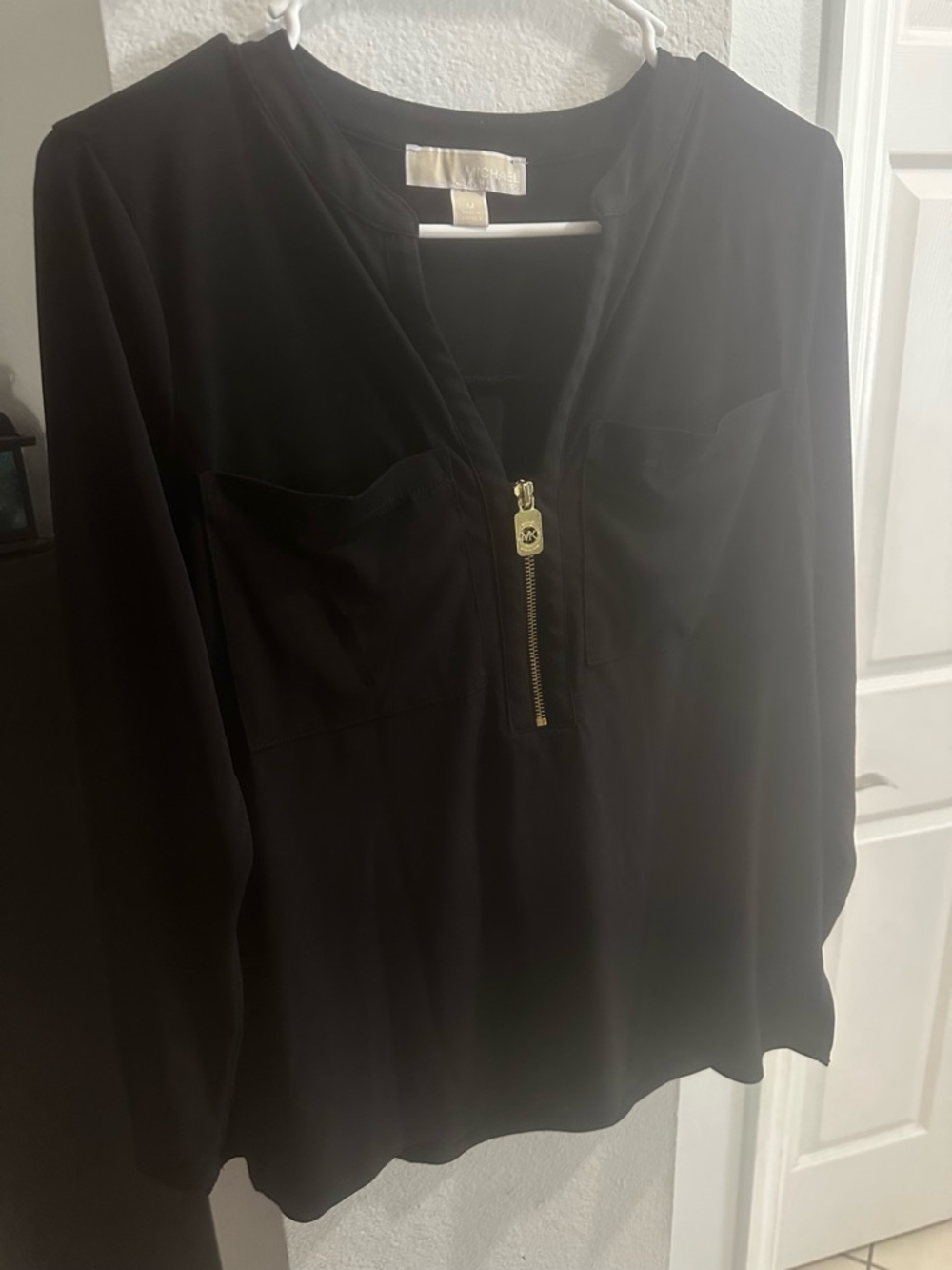 Michael Kors Black Long-Sleeve Zip-Front Blouse with Gold Hardware